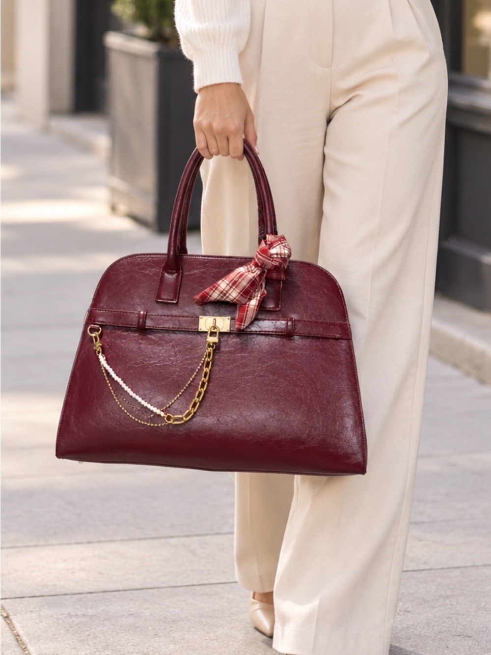 Steve Madden Burgundy Structured Satchel with Plaid Scarf & Gold Chain